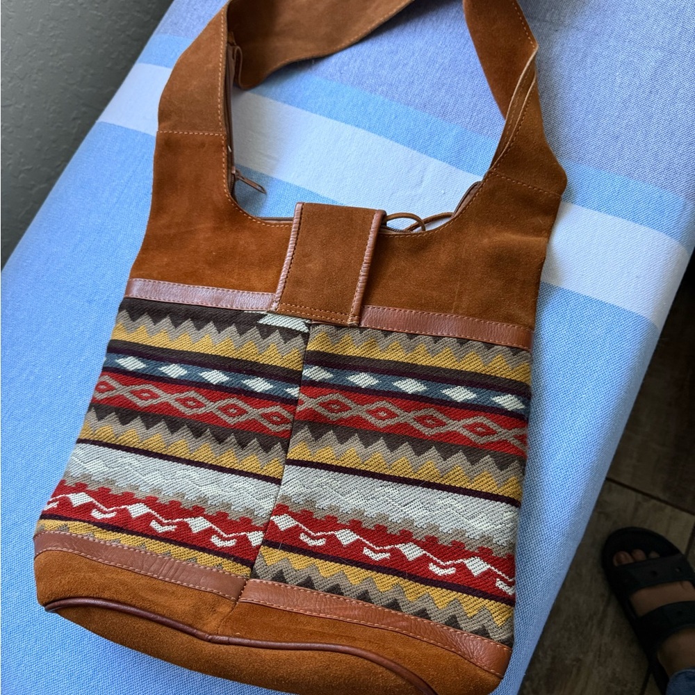 Suede Shoulder Bag with Zigzag Pattern - Picture 2 of 3